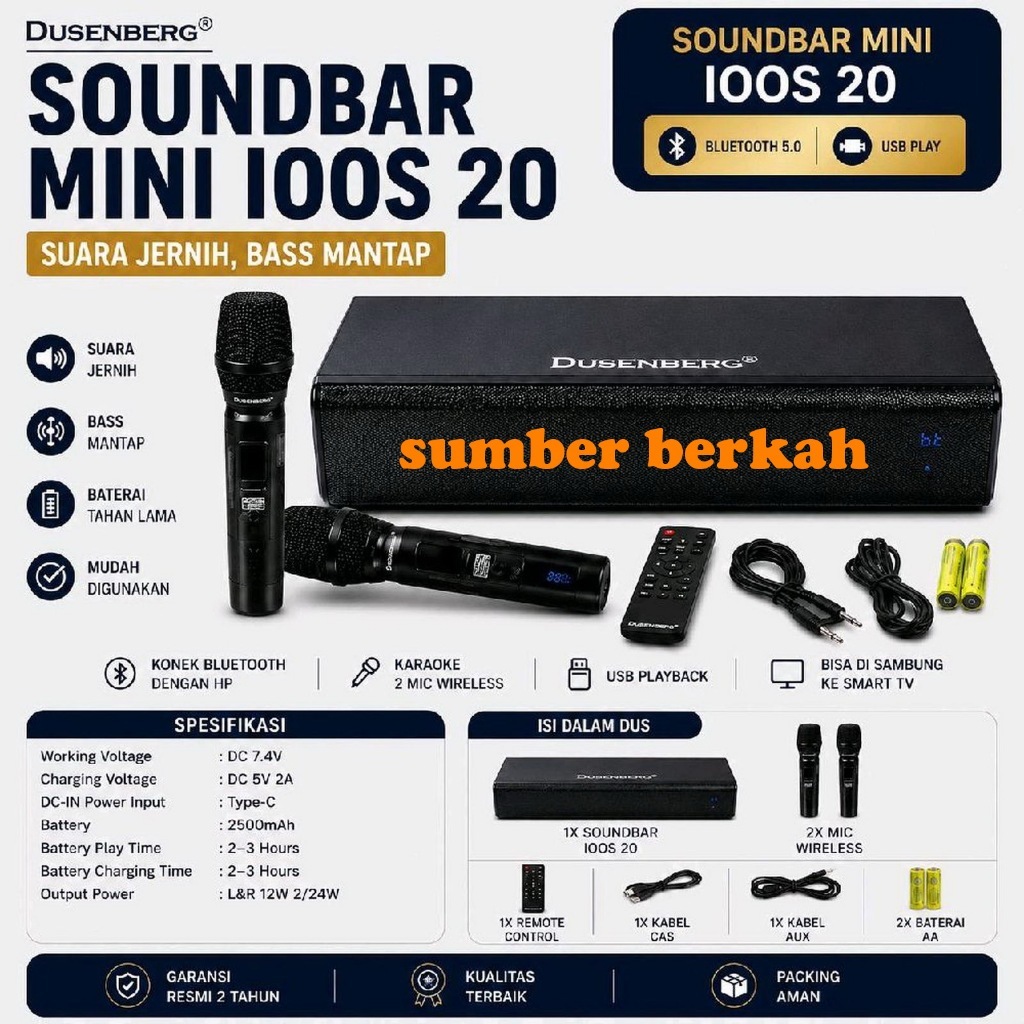 Speaker Dusenberg ioos 20 Mini Soundbar Karaoke Smart Tv Hp Bluetooth 2 Mic Wireless