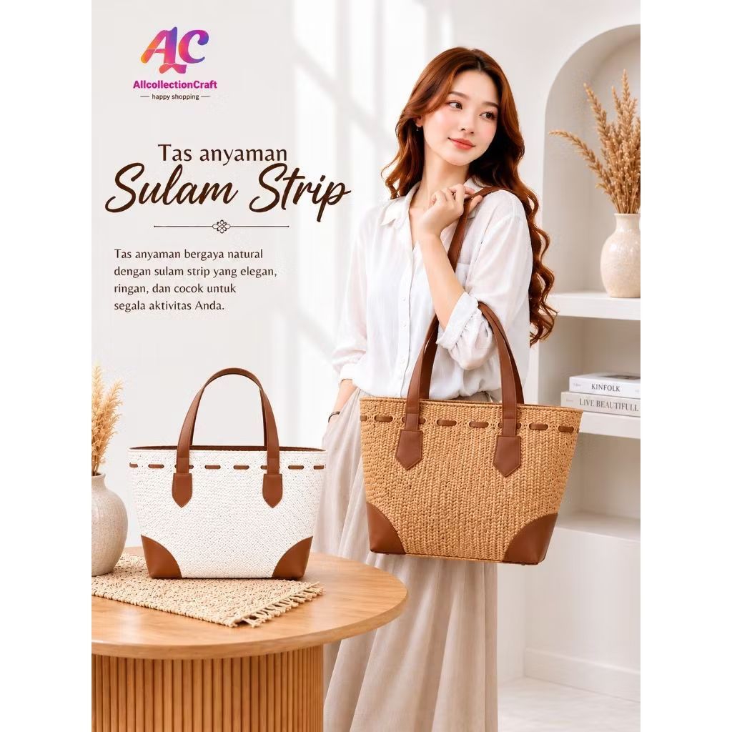 Tas kepang sulam strip bakul/Tas anyaman pandan