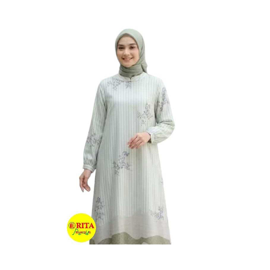 3H Gamis Muslimah Lengan Panjang Motif Garis dan Bunga Warna Putih Hijau