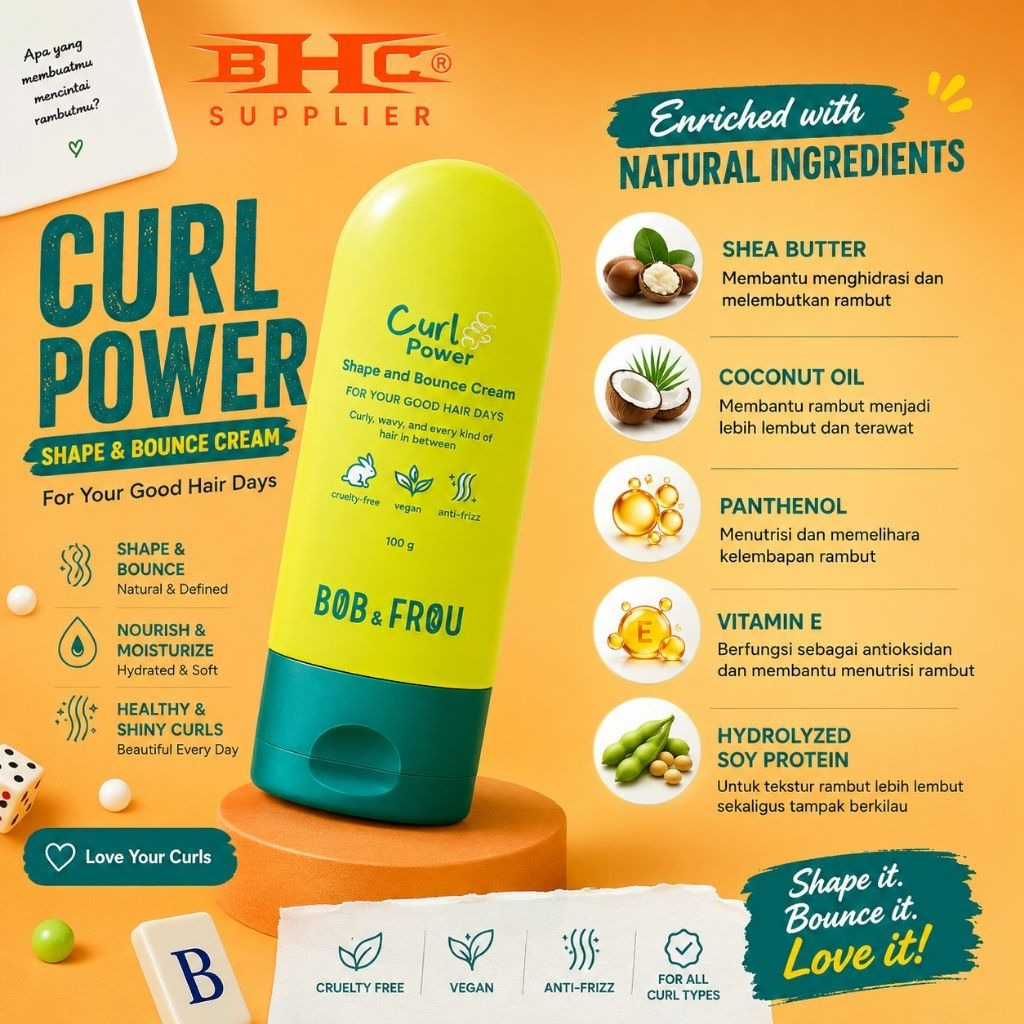 BOB & FROU Curl Power Shape & Bounce Cream 100g Cream Rambut Curly Styling Cream Rambut Keriting Ant