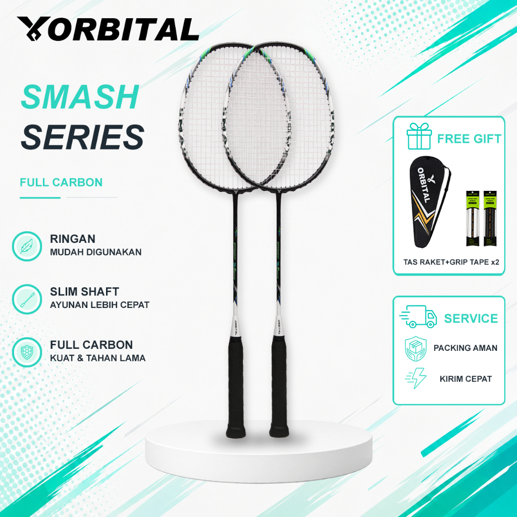 ORBITAL SMASH Set Raket Badminton 2 Pcs Semi Carbon 4U G5 25 LBS + 1 Cover Raket & 2 Handgrip