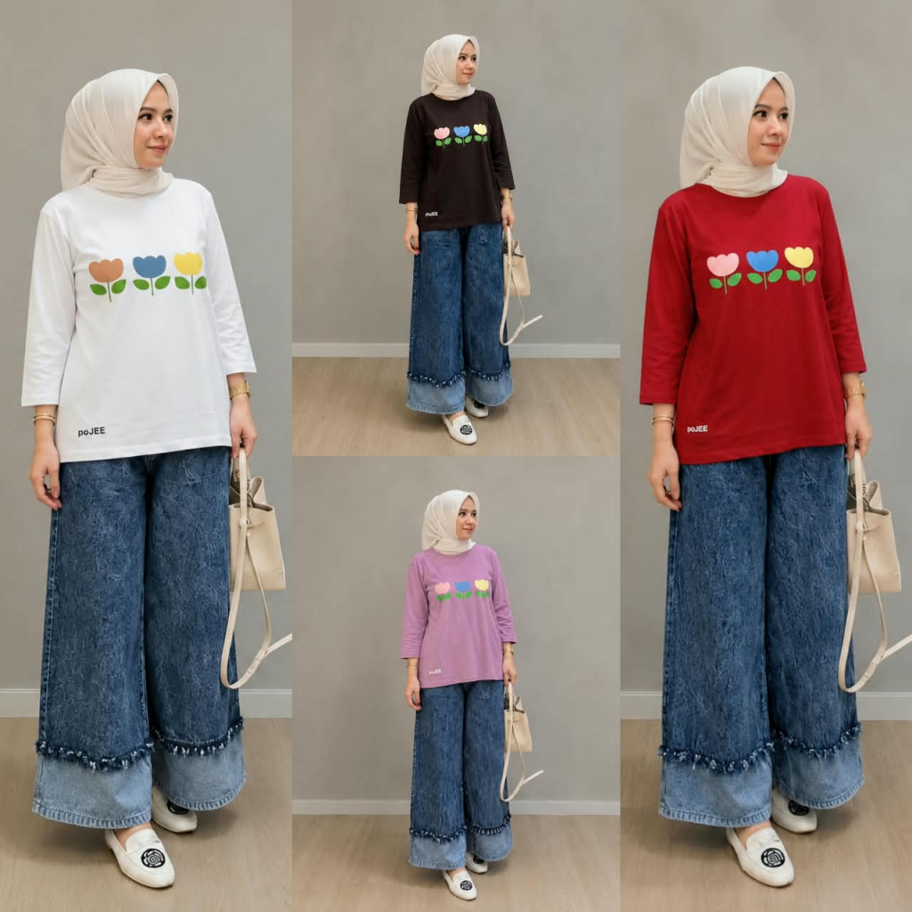 One Set Jeans Motif Wanita Original Pojee  Setelan Kaos Cotton Combed 20s & Celana Kulot Jeans Wash 