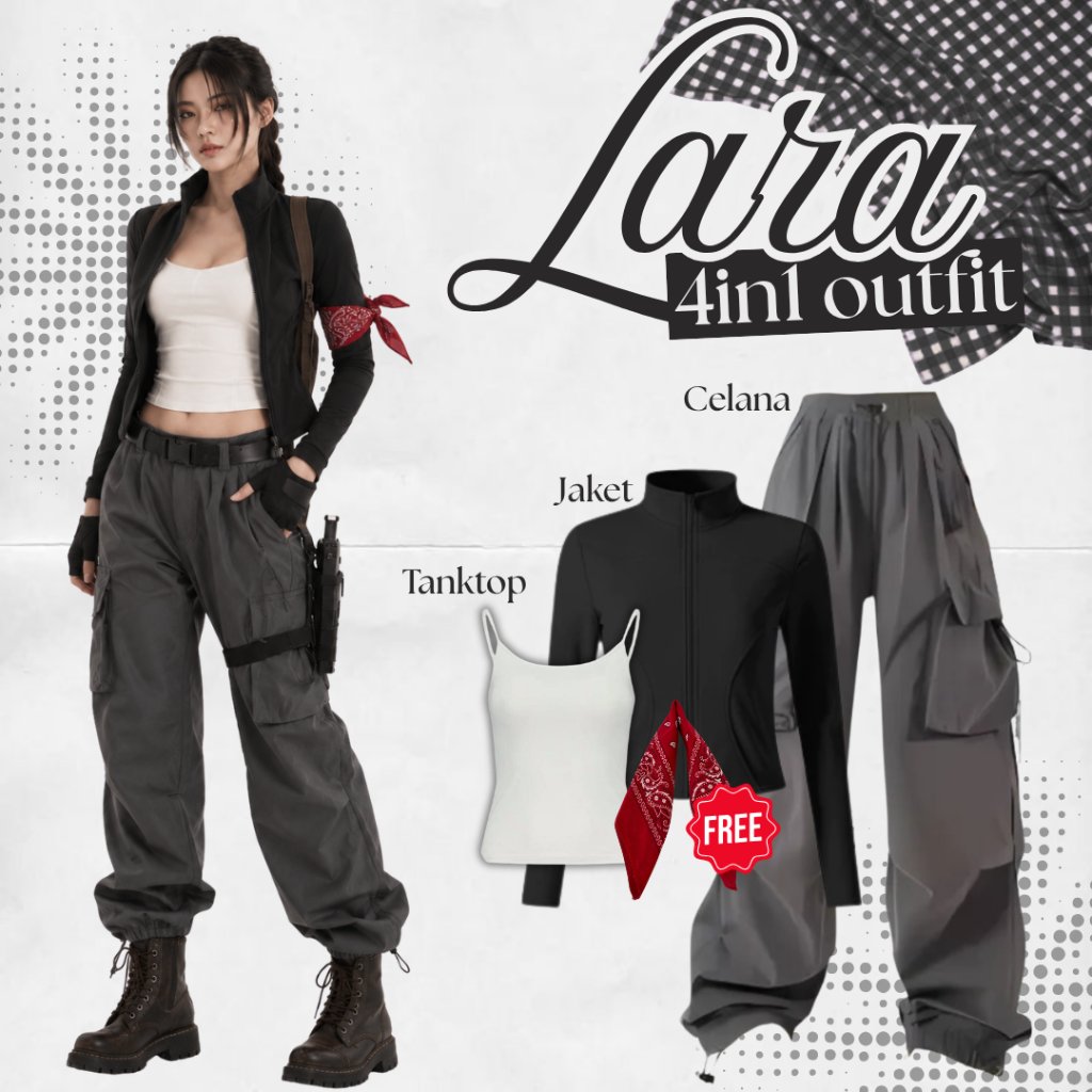 Lara 4in1 One Set Outfit Yearbook Maze Runner Tomb Raider (Jaket, Tanktop, Celana Cargo, Scarf) DRL1