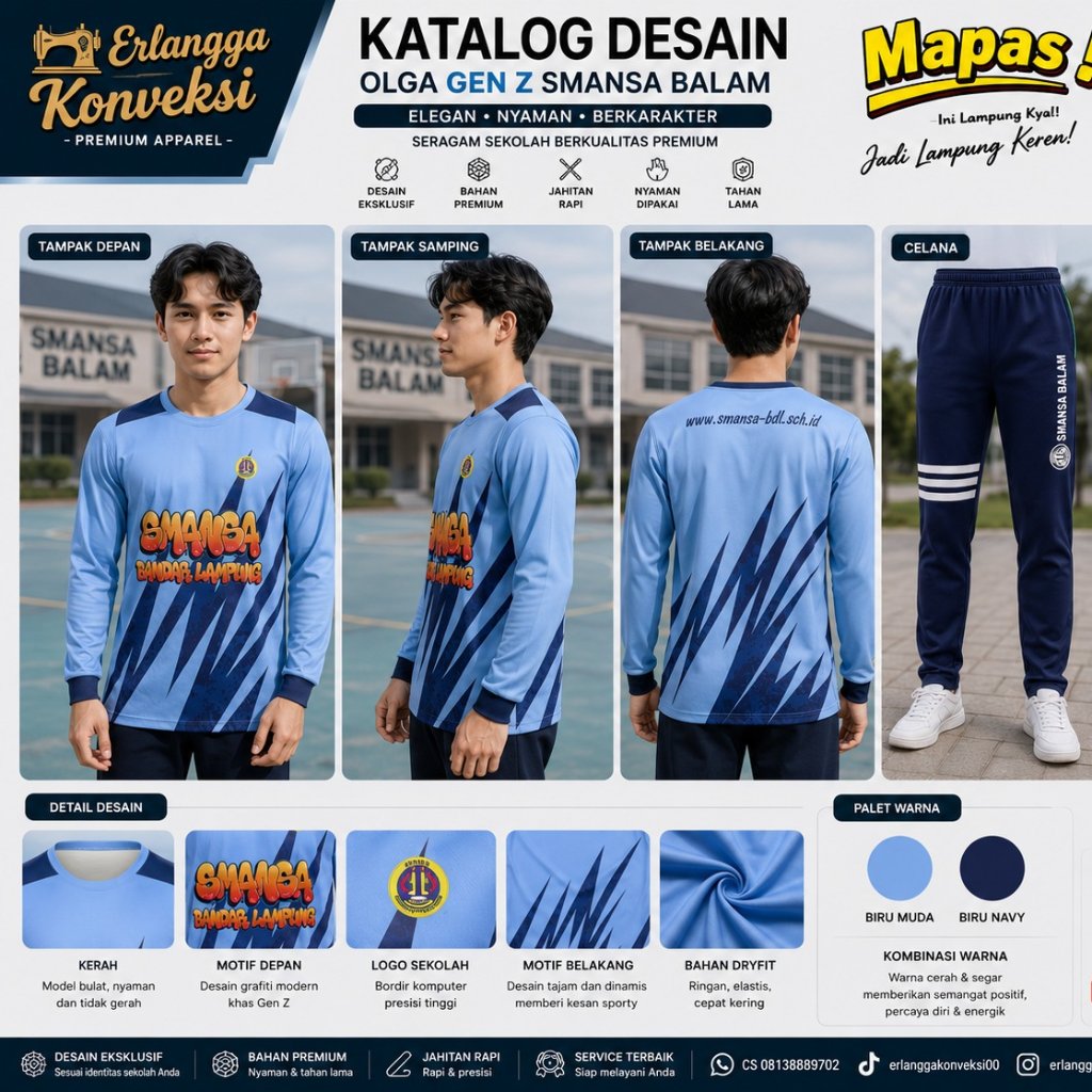 Seragam Sekolah SMansa Balam Gen Z Lengan Panjang Pria Biru Muda Biru Navy Dryfit
