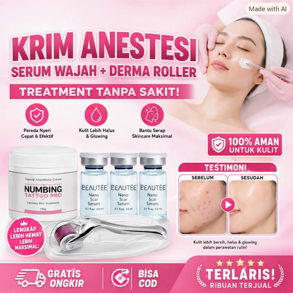Paket Derma Roller Lengkap Krim Anestesi Serum Wajah Glowing Anti Jerawat Microneedling