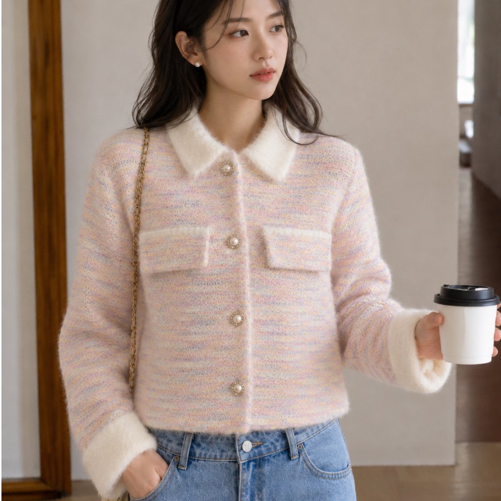 Blazer Rajut Wanita Korean Polos Elegant Lembut Casual Motif Salur Atasan Wanita Fashion Kekinian