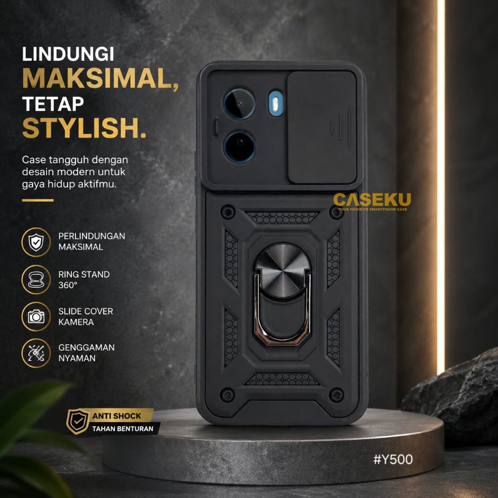 Vivo Y500 Case Armor Slide Protect Kamera Case Robot Black Slide Kamera + RingStand Case Vivo Y500