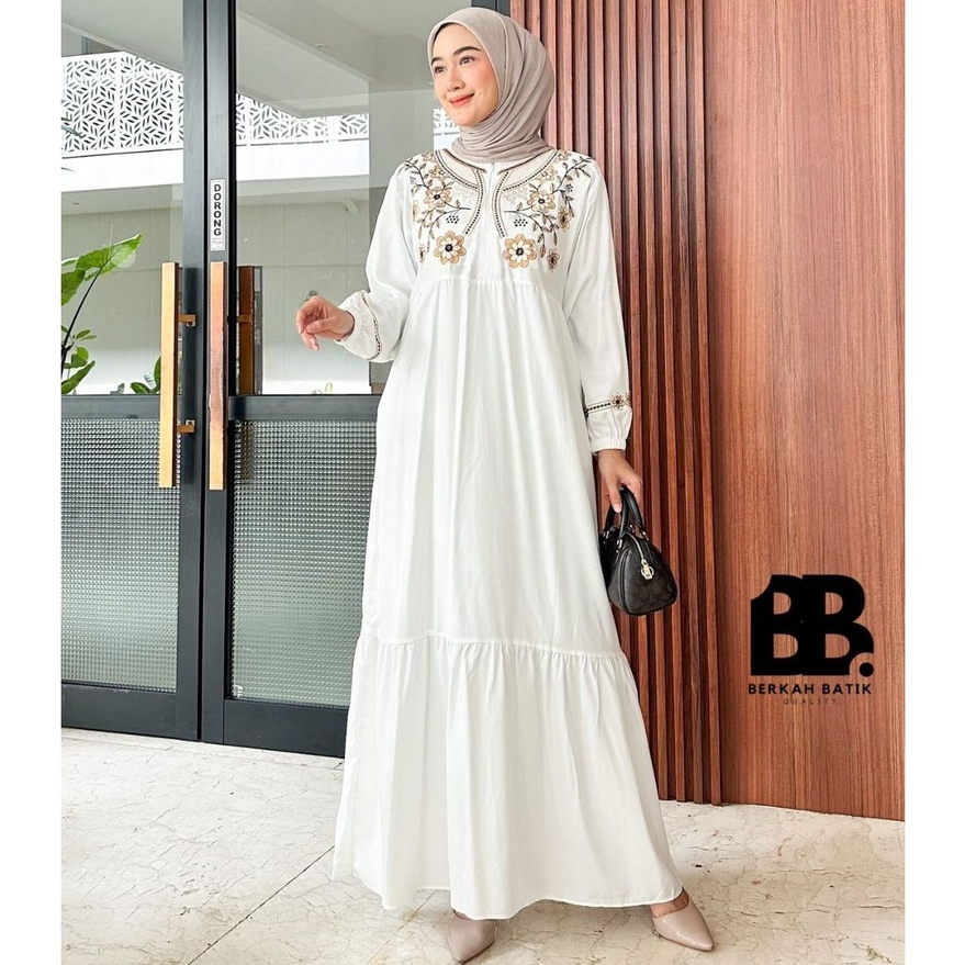Berkahbatik - Naira Dress Gamis Bordir Bahan Rayon Twill Premium Modis Elegan Nyaman