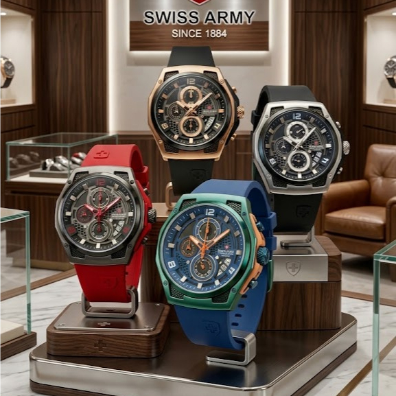 Jam Tangan Pria Swiss Army Chronograph Tali Rubber Silicon Premium Anti Air Dial Skeleton Sporty Lux