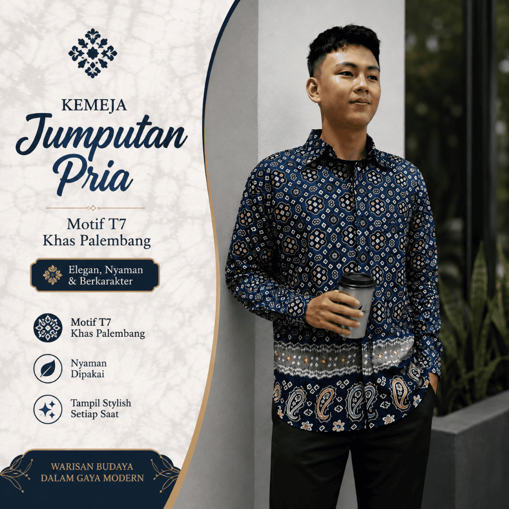 Nyimas Songket - Kemeja Jumputan Pria Motif T7 Khas Palembang Lengan Pendek Batik Tradisional