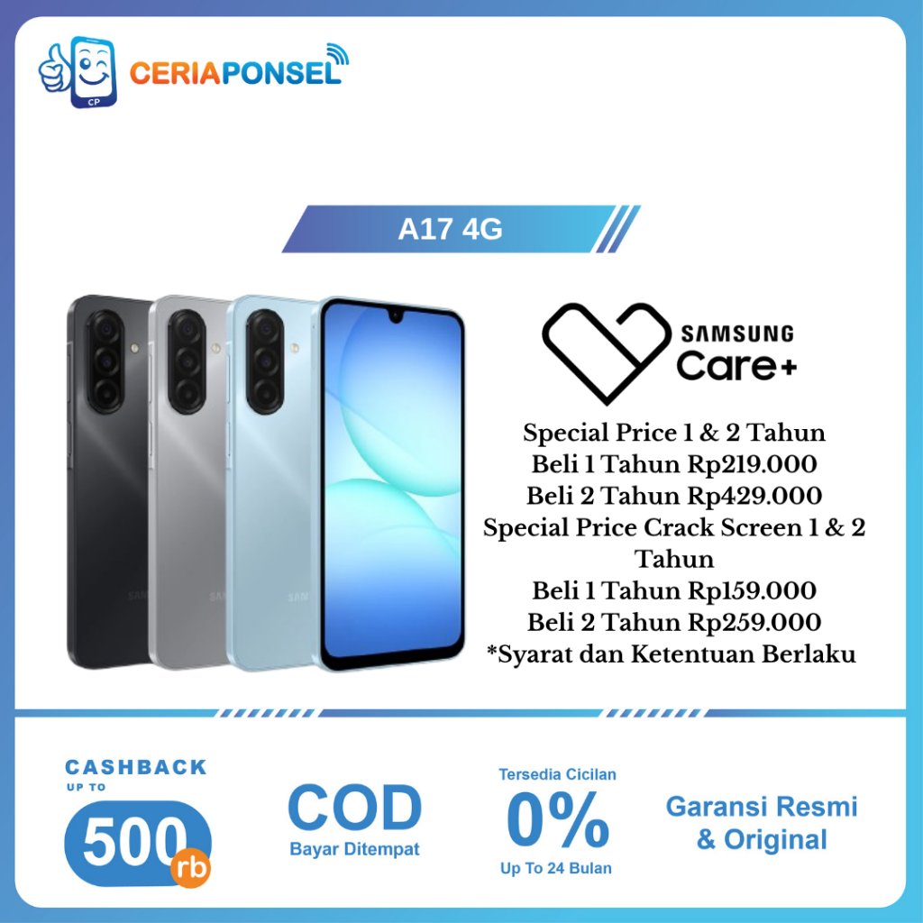 Samsung Galaxy A17 4G 4/128GB & 8/128GB & 8/256GB Helio G99 50MP 5000mAh | Garansi Resmi SEIN 1 Tahu