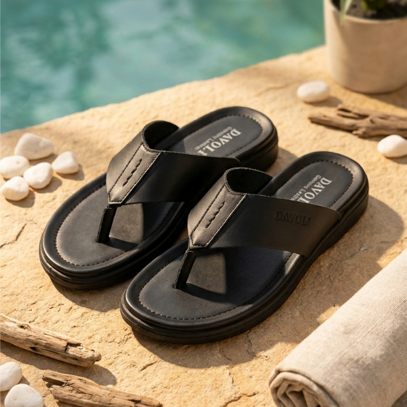 Sandal Kulit Asli Pria | Desain Outdoor Tangguh | Sol Karet Anti Selip - Black 2005 - DAVOLI