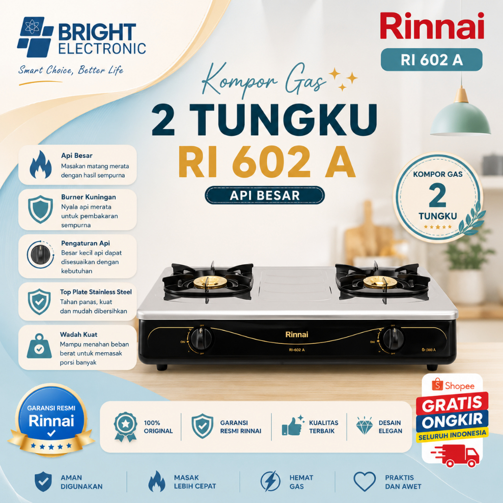 RINNAI KOMPOR GAS 2 TUNGKU RI 602 A KOMPOR RINNAI ORIGINAL/RI 602A/RI-602A/RI 602 A/RI602 A/RI602A