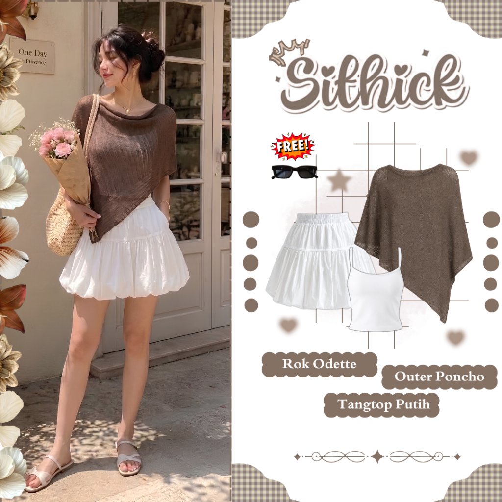 One set Outer Poncho Korean Set || Outer Almira Poncho + Inner Tangtop Putih + Rok Odette Putih || O