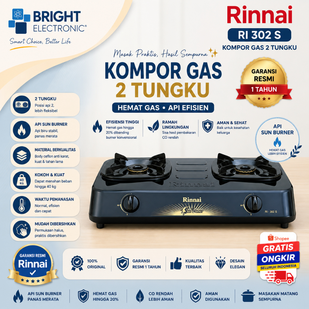RINNAI KOMPOR GAS 2 TUNGKU RI 302S KOMPOR RI 302 S TERMURAH/RI 302S/RI-302S/RI 302 S/RI302 S