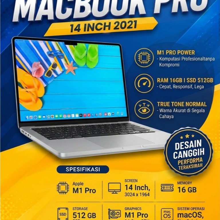 Apple MacBook Pro 14 Inch 2021 M1 Pro RAM 16GB SSD 512GB 14 Core GPU Second Original