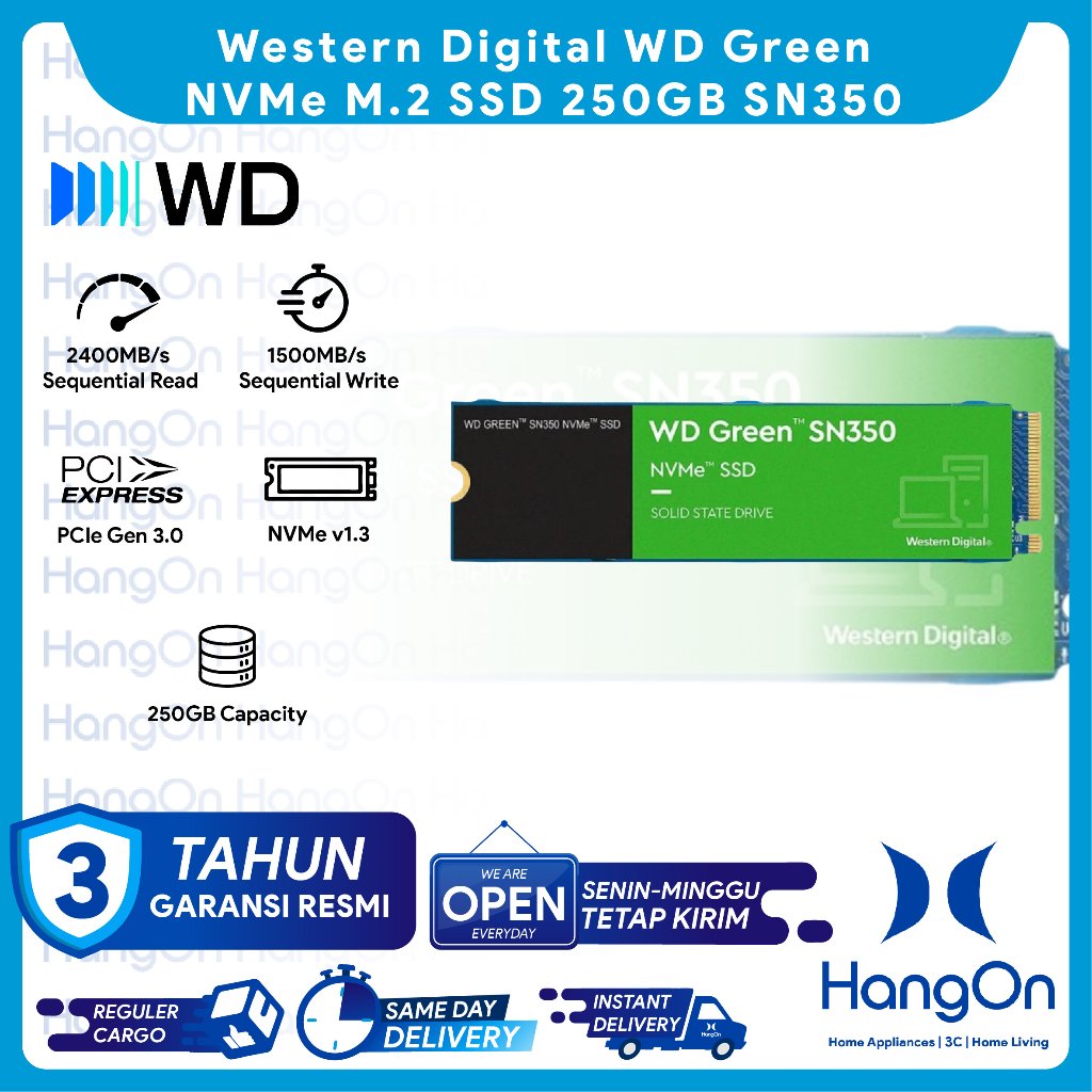 Western Digital WD Green SN350 NVMe M.2 SSD 250GB PCIe Gen 3.0 NVMe v1.3 M.2 2280 Form Factor Light 