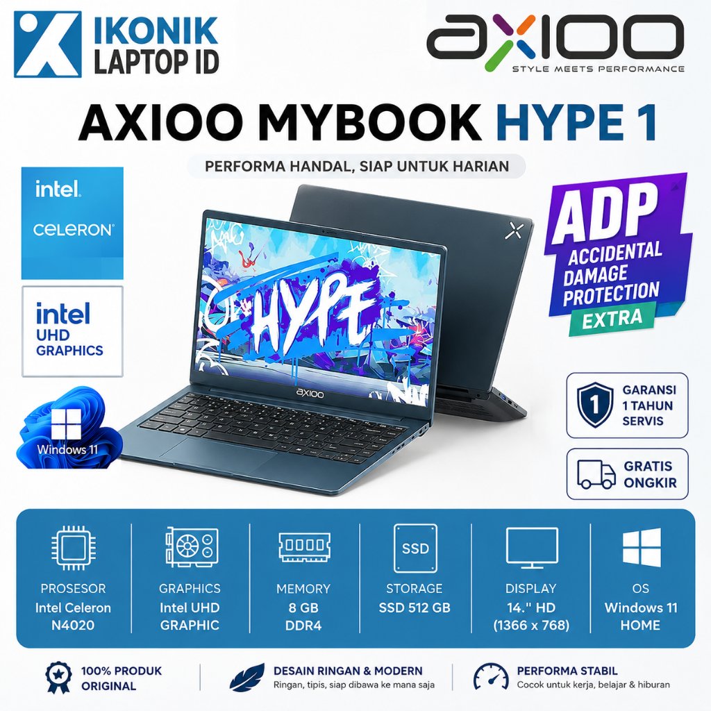 Laptop Axioo Mybook Hype 1 Intel N4020 8GB 512GB SSD Windows 11 Home Free Install Office