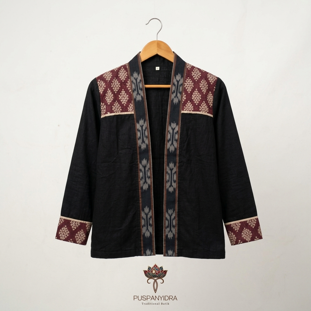 Outer Batik Hitam Kombinasi Tenun ATBM | Blazer Batik Pria & Wanita | Puspanyidra Traditional Batik