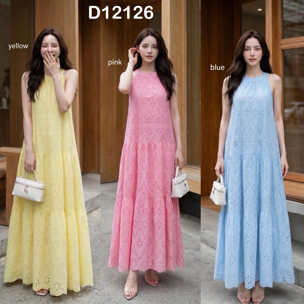 [FG] Giselle Broderie Eyelet Halterneck Long Dress / Dress Casual Cantik Premium Wanita D12126