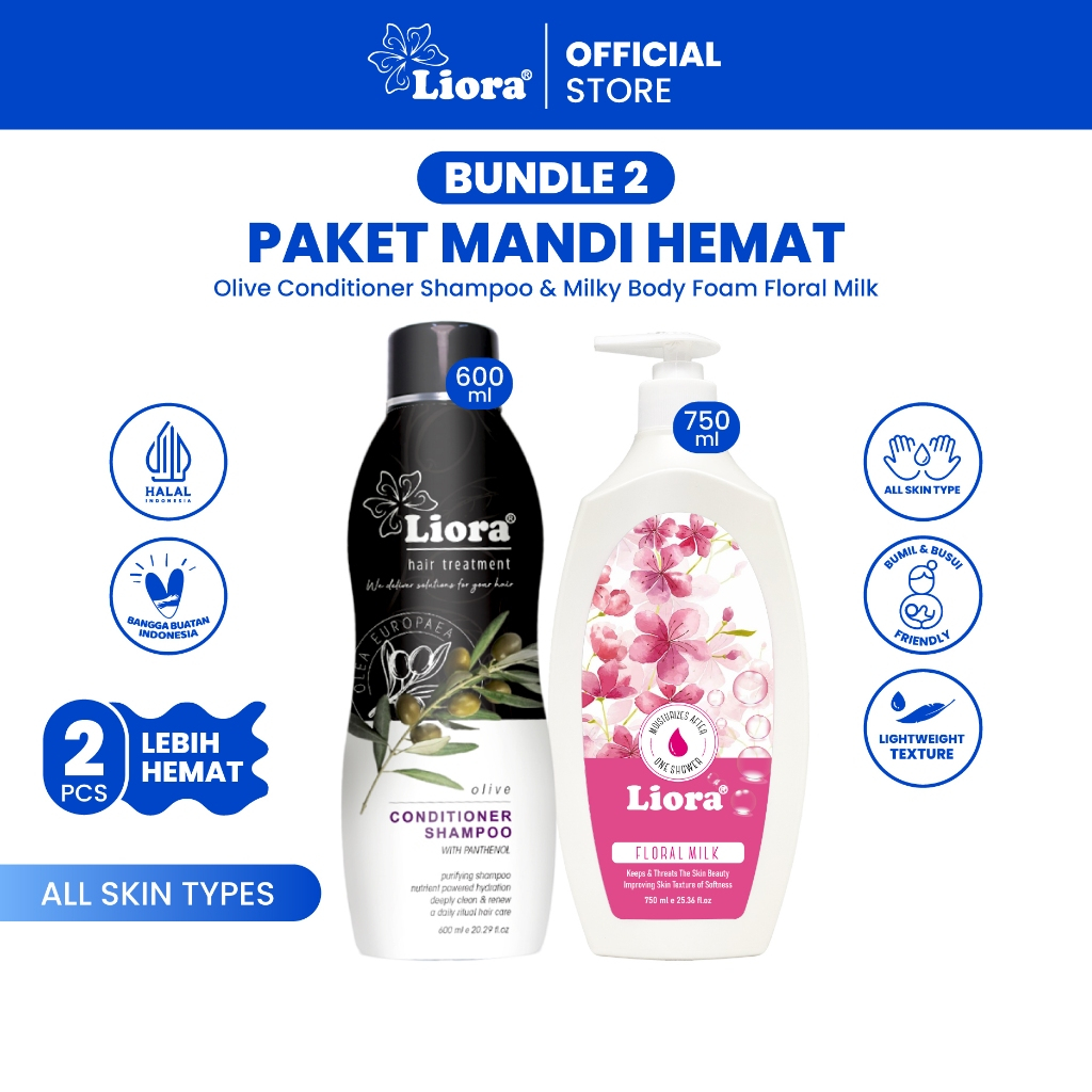 [Paket Hemat 2 Pcs] LIORA Shampoo 600ml + LIORA body foam floral milk 750ml