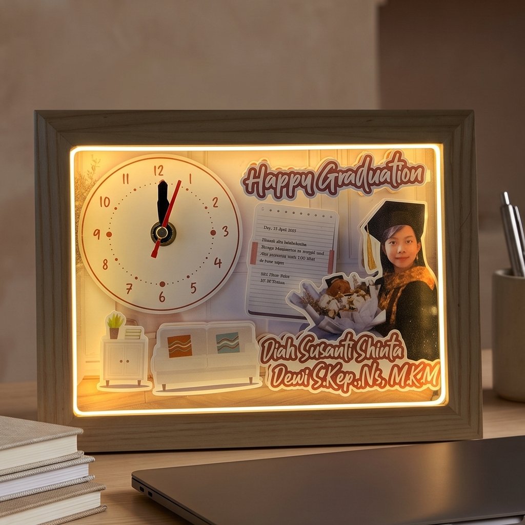 Bingkai Jam Custom 2D Frame 3D Pigura Kayu ANTI PECAH Kado Wisuda - Graduation Gift