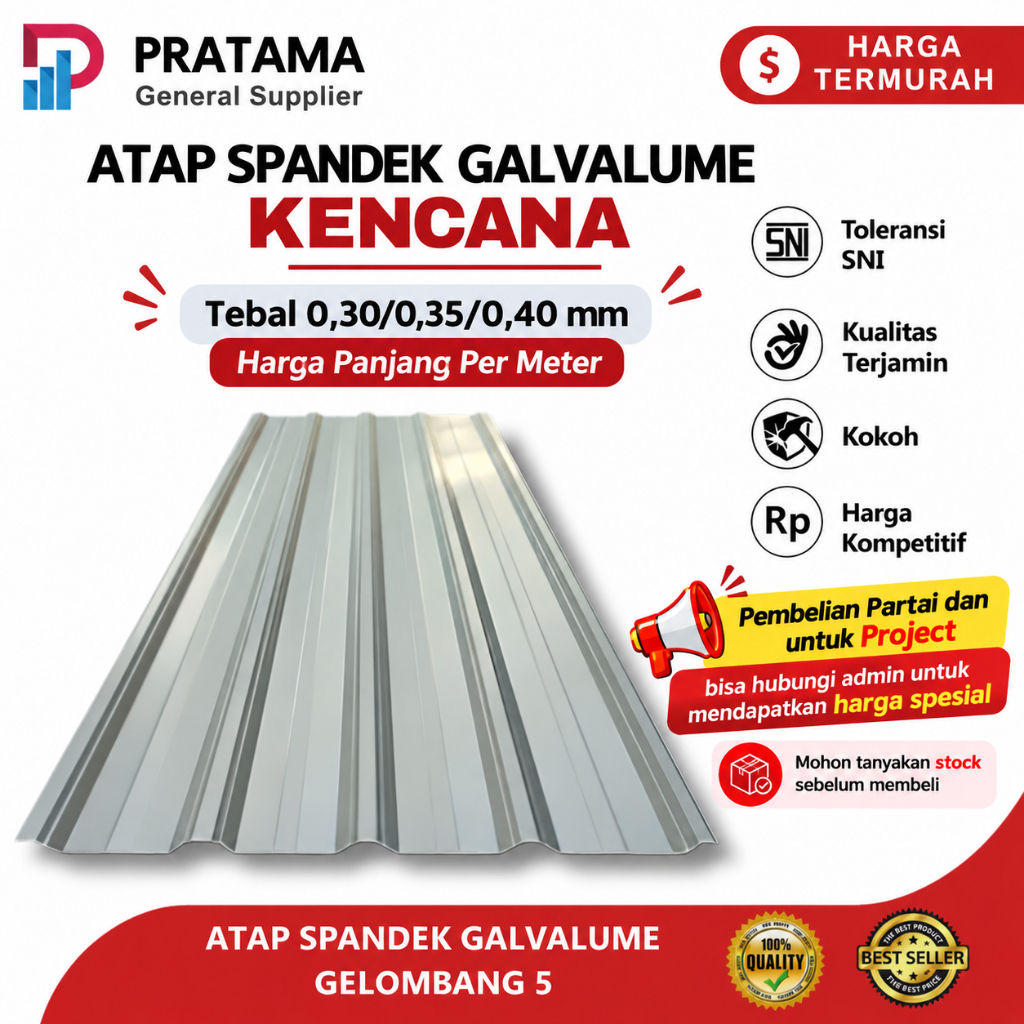 Atap spandek Galvalum KENCANA gelombang 5 0.30 mm x 80 CM Spandek Warna silver