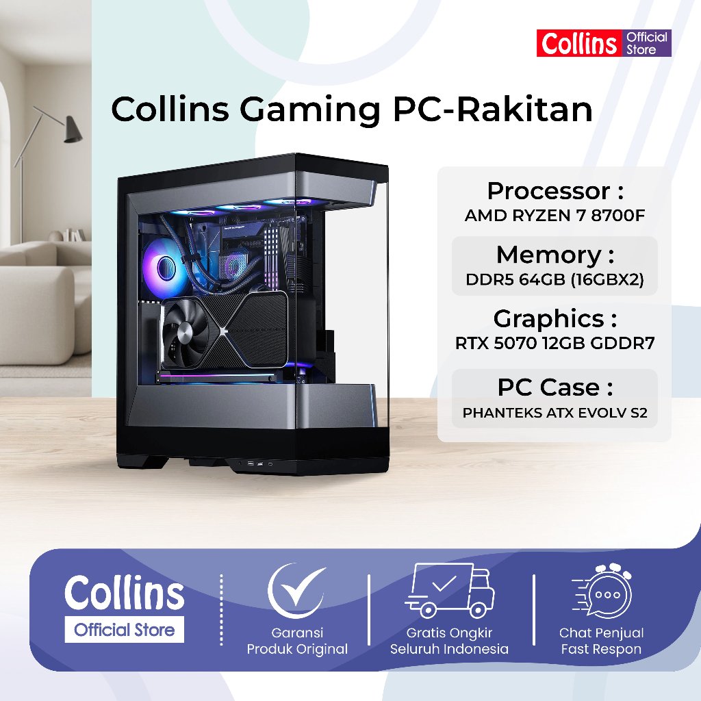 Collins Gaming PC-Rakitan AMD Ryzen 7 8700F RTX 5070 12GB | RAM 64GB/1TB -PC Gaming Rakitan
