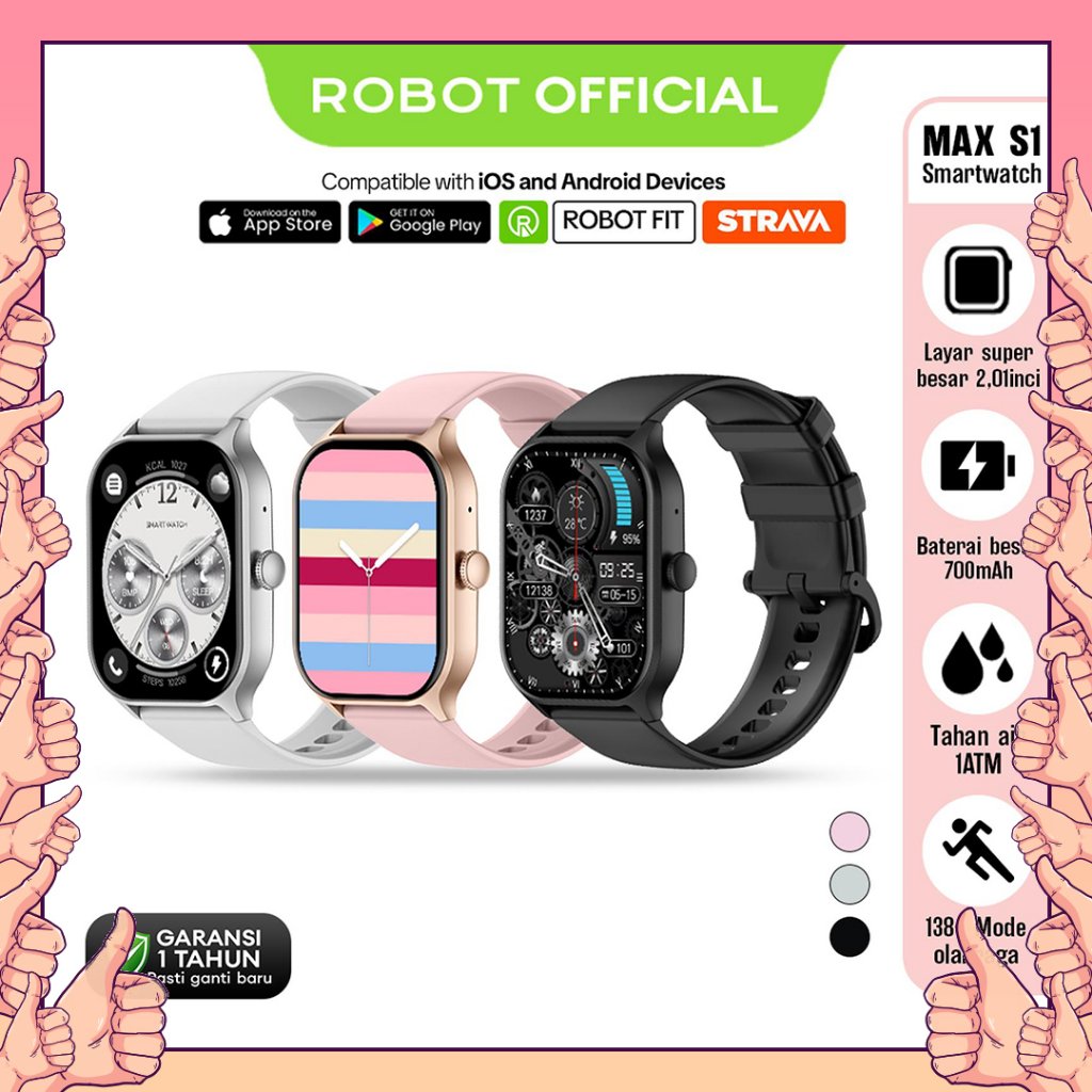 ROBOT Max S1 Smartwatch 2.01 Inch Baterai 700mAh Tahan Air 1ATM Bluetooth Call 138+ Mode Olahraga Sp