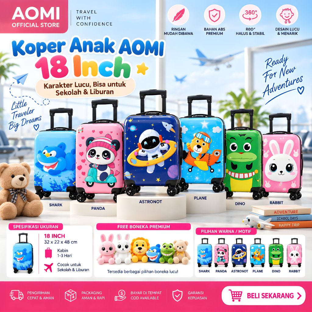 Koper Anak AOMI 18 Inch 92011-1/92012-1 – Koper Karakter Lucu untuk Sekolah & Liburan