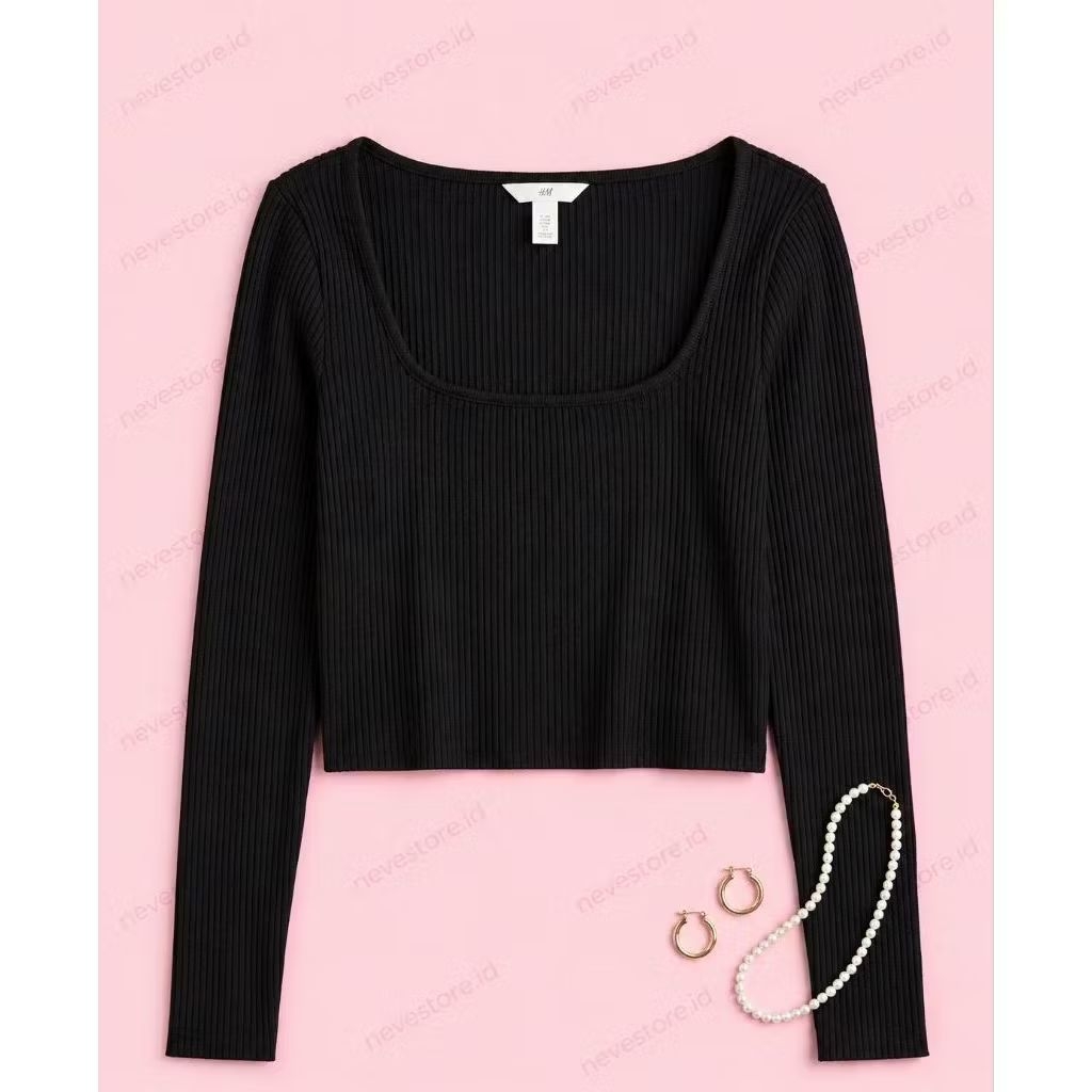 hm Square Knit Jersey Crop Top - Black