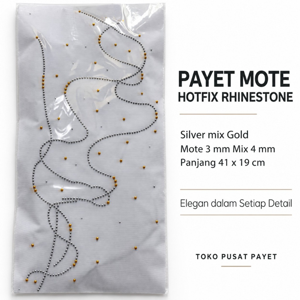 Payet Mote Hotfix Rhinestone Silver Mix Gold Mote 3mm Mix 4mm Panjang 41 x 19 cm
