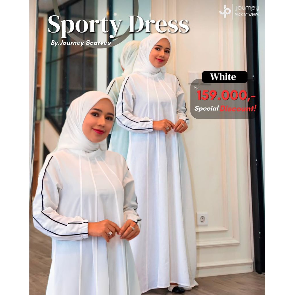 Gamis Muslim Wanita Sporty Dress Journey Scarves Putih Lengan Panjang