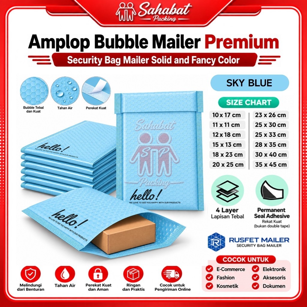 Amplop Packing Bubble Mailer Rusfet Hello Series SKY BLUE / LIGHT BLUE Harga Ecer Satuan Murah / Env