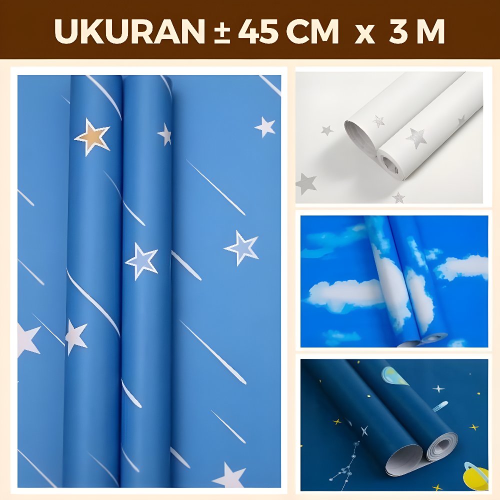 Wallpaper Sticker PVC Dinding Plafon Kamar Tidur Anak Motif Awan Biru Langit Bintang Aesthetic