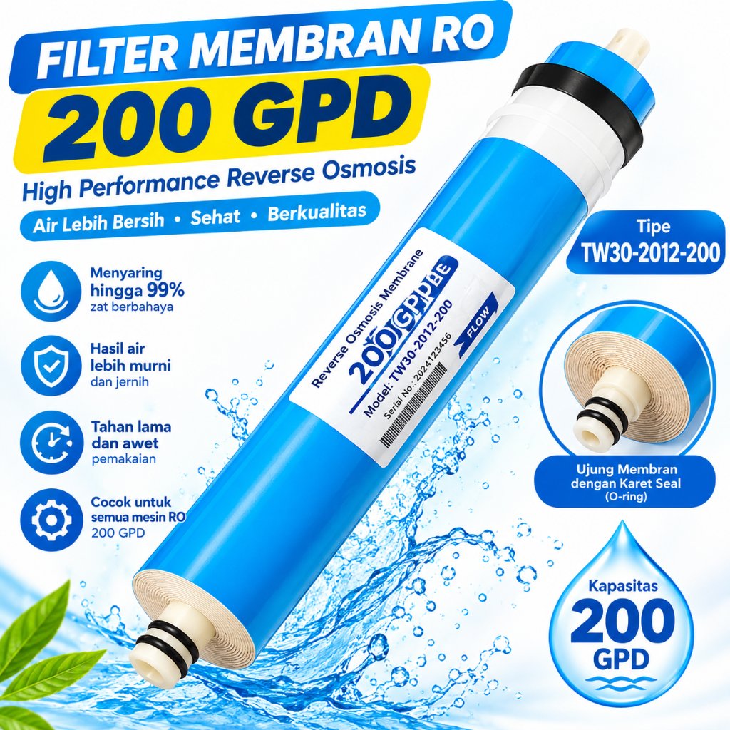 Membran RO 200 GPD + Housing Filter Air Minum Reverse Osmosis Penyaring Air Galon Rumah Tangga
