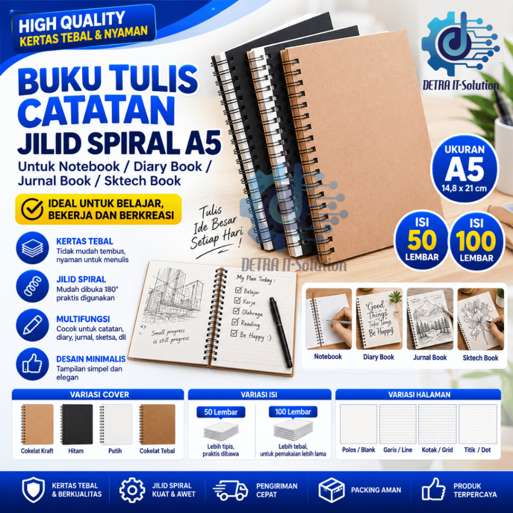 Buku Tulis Catatan Jilid Spiral A5 A6 Untuk Notebook / Diary Book / Jurnal Book / Sktech Book Isi 50