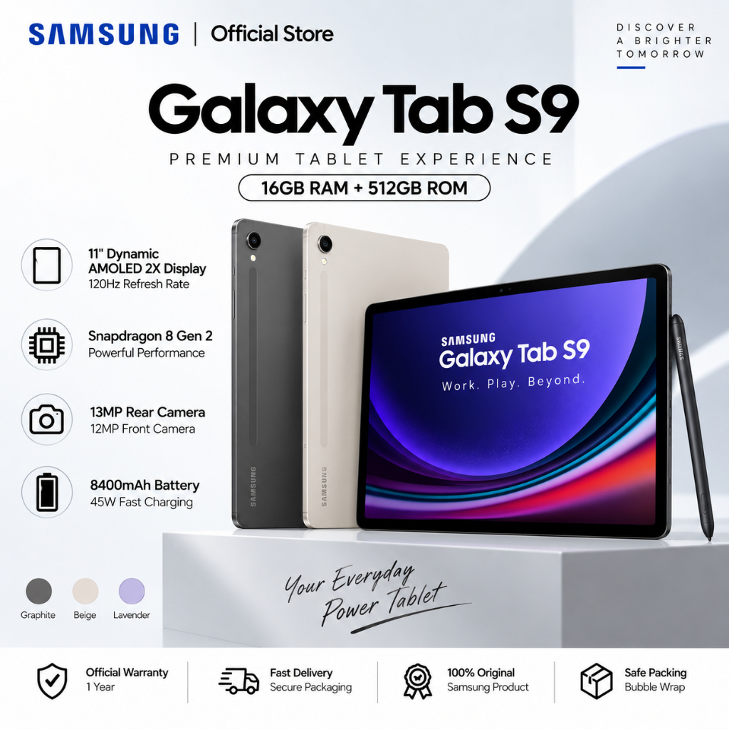 Samsung Galaxy Tab S9 Tablet | Layar Besar AMOLED 11” | Snapdragon | Keyboard + S Pen | 15000mAh Bat