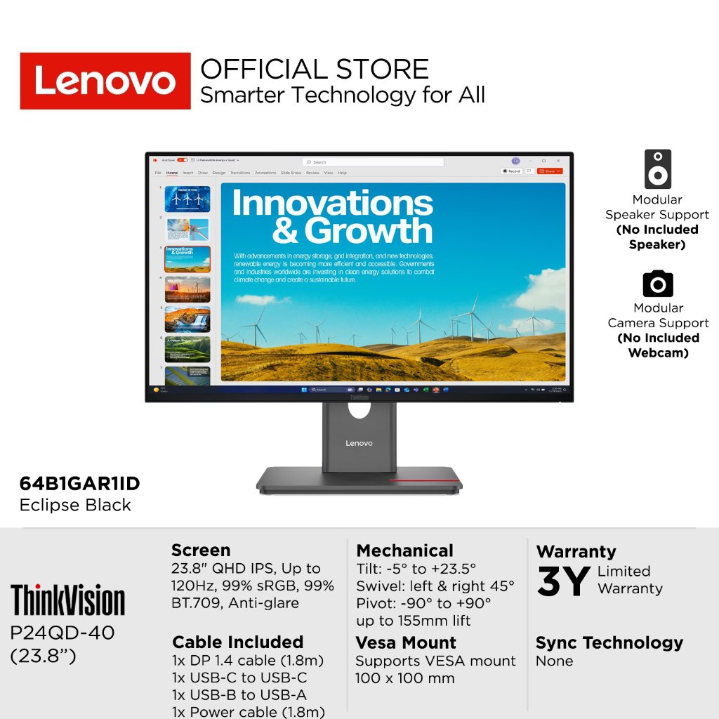 Lenovo Monitor ThinkVision P24QD-40 - 23.8“ (24 inch) 2K QHD IPS Up to 120Hz 99% sRGB 99% BT.709 WLE