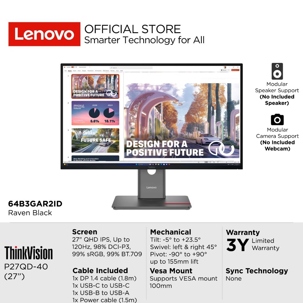 Lenovo Monitor ThinkVision P27QD-40 - 27 inch 2K QHD IPS Up to 120Hz 98% DCI-P3 99% sRGB 99% BT.709 