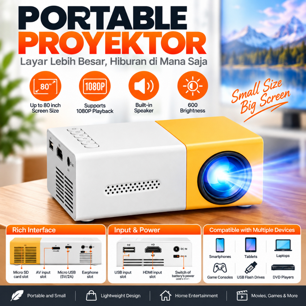 Mini Proyektor LED YG300 / Kuning / LED Mini Proyektor Set NEW