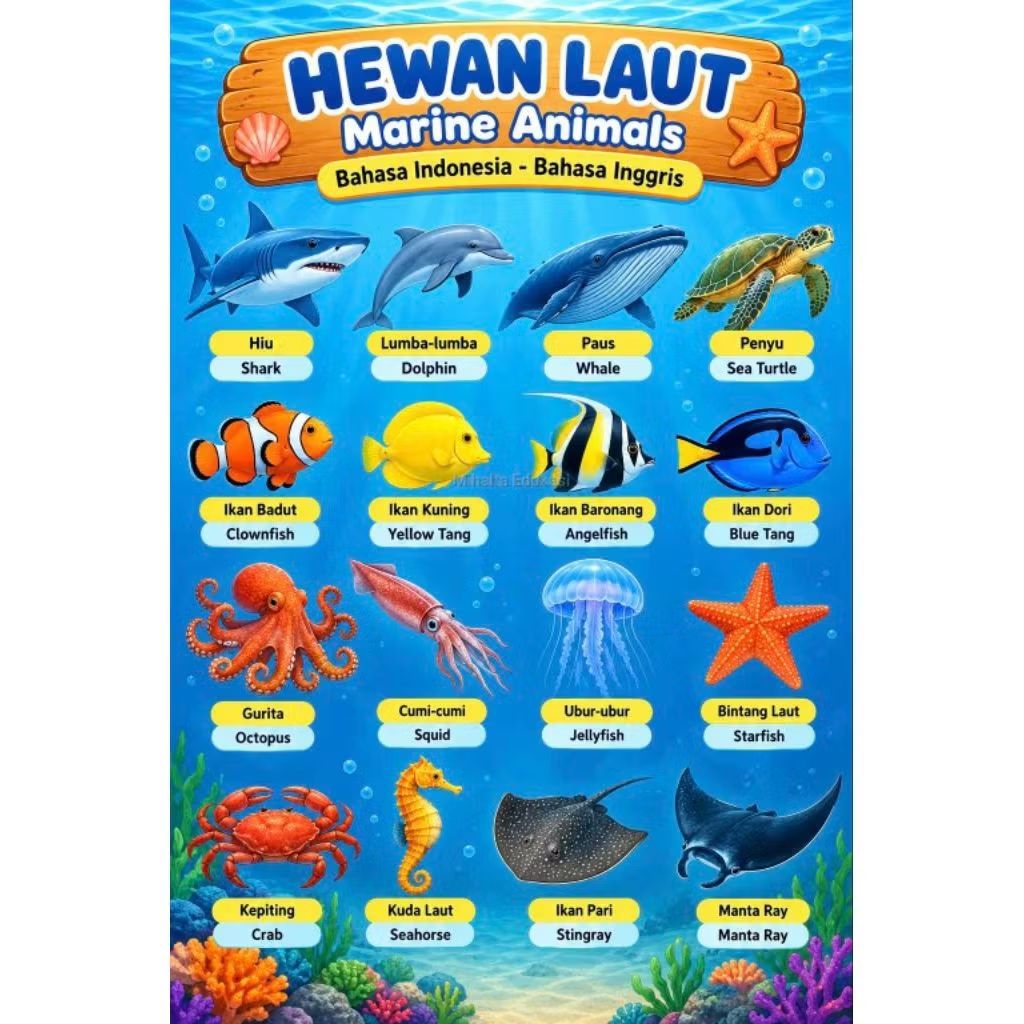 Poster Edukasi Hewan Laut Bahasa Indonesia - Bahasa Inggris Hewan Laut Anak