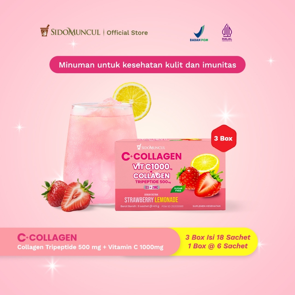 C+Collagen 3 Box Isi 18 Sachet - Minuman Collagen Tripeptide 500mg + Vit C 1000mg untuk Kesehatan Ku