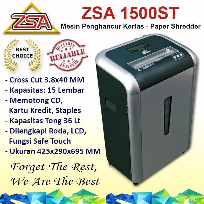 ZSA 1500ST Penghancur Kertas, Heavy Duty, Shredder 15 Lembar, Cross Cut 3.8x40MM, Original, Garansi 