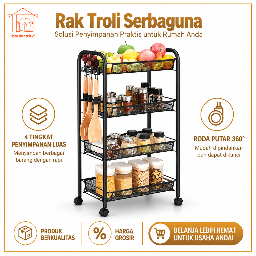 Rak Dorong Susun Rak Trolley Penyimpanan Barang Rak Dapur Susun Rak Ginger Portable