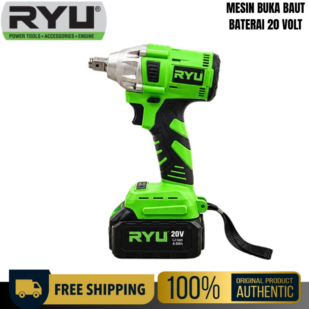 RYU Mesin Impact Baterai 20 Volt Alat Buka Pasang Baut Cordless Wrench Kunci 1/2 Inch RCW 20V ORIGIN