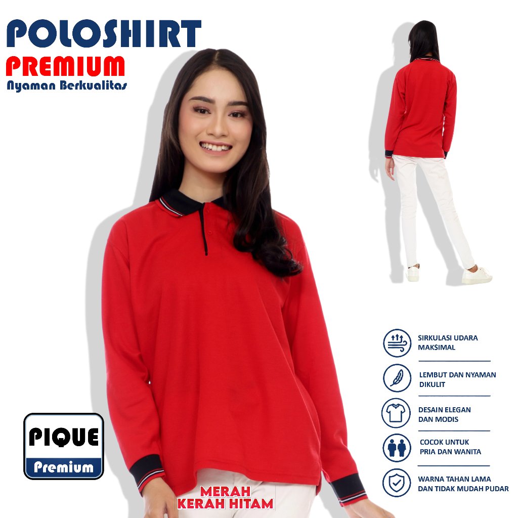 Kaos Polo Panjang Unisex Merah Kerah Hitam / Kaos Kerah / Poloshirt / Polo Shirt Panjang