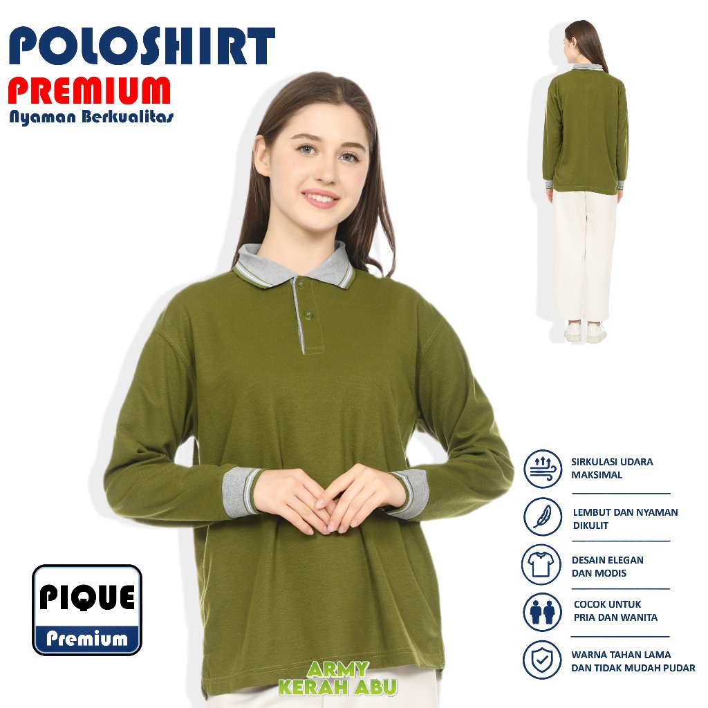 Kaos Polo Panjang Unisex Army Kerah Abu / Kaos Kerah / Poloshirt / Polo Shirt Panjang
