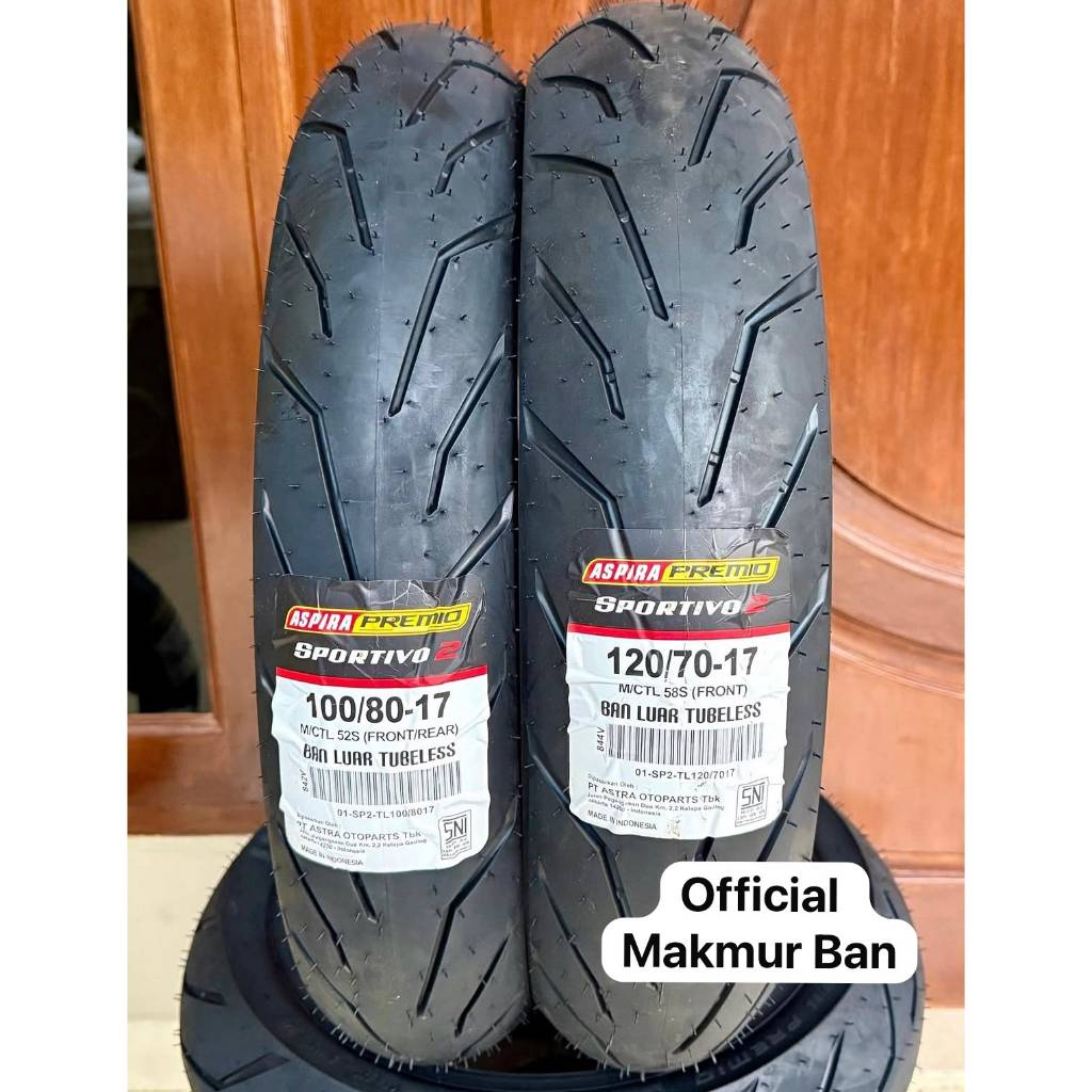 Sepasang Ban ASPIRA PREMIO SPORTIVO02 100/80-17 & 120/70-17 TUBELESS SOFT COMPOUND