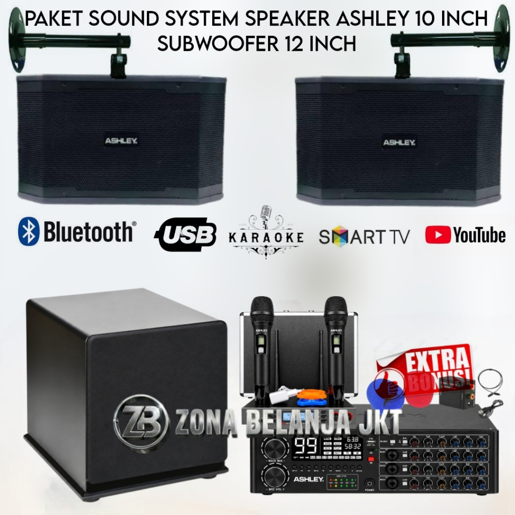 Paket Karaoke Sound System Speaker Ashley 10 Inch Amplifier Ashley Usb Bluetooth Subwoofer 12 Inch M